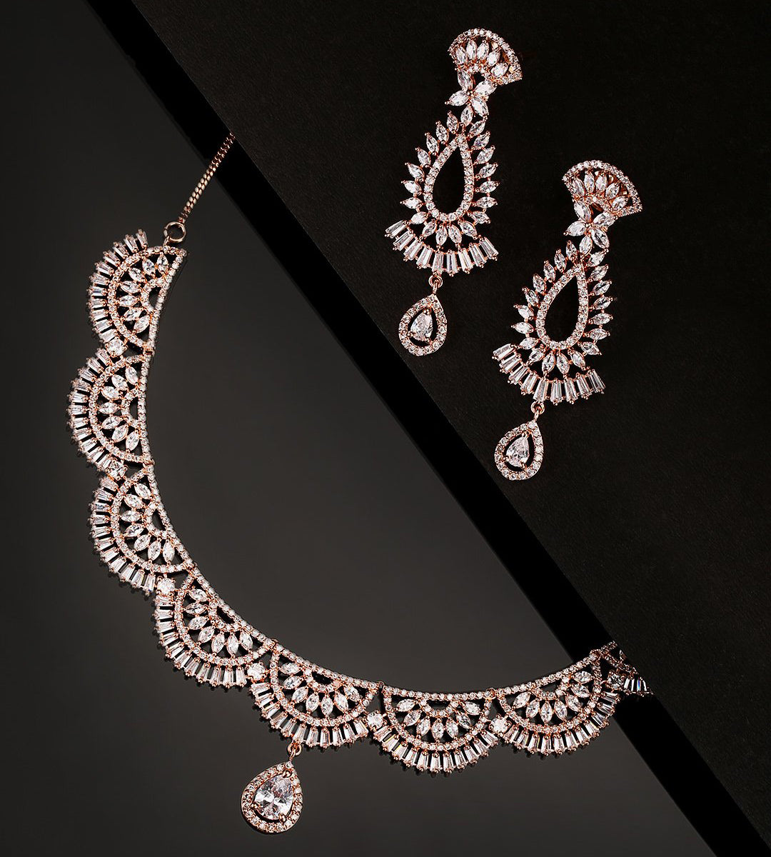 Luxury Div-American Diamond Rose Gold Plated Jewellery Set – Jiwaki ...