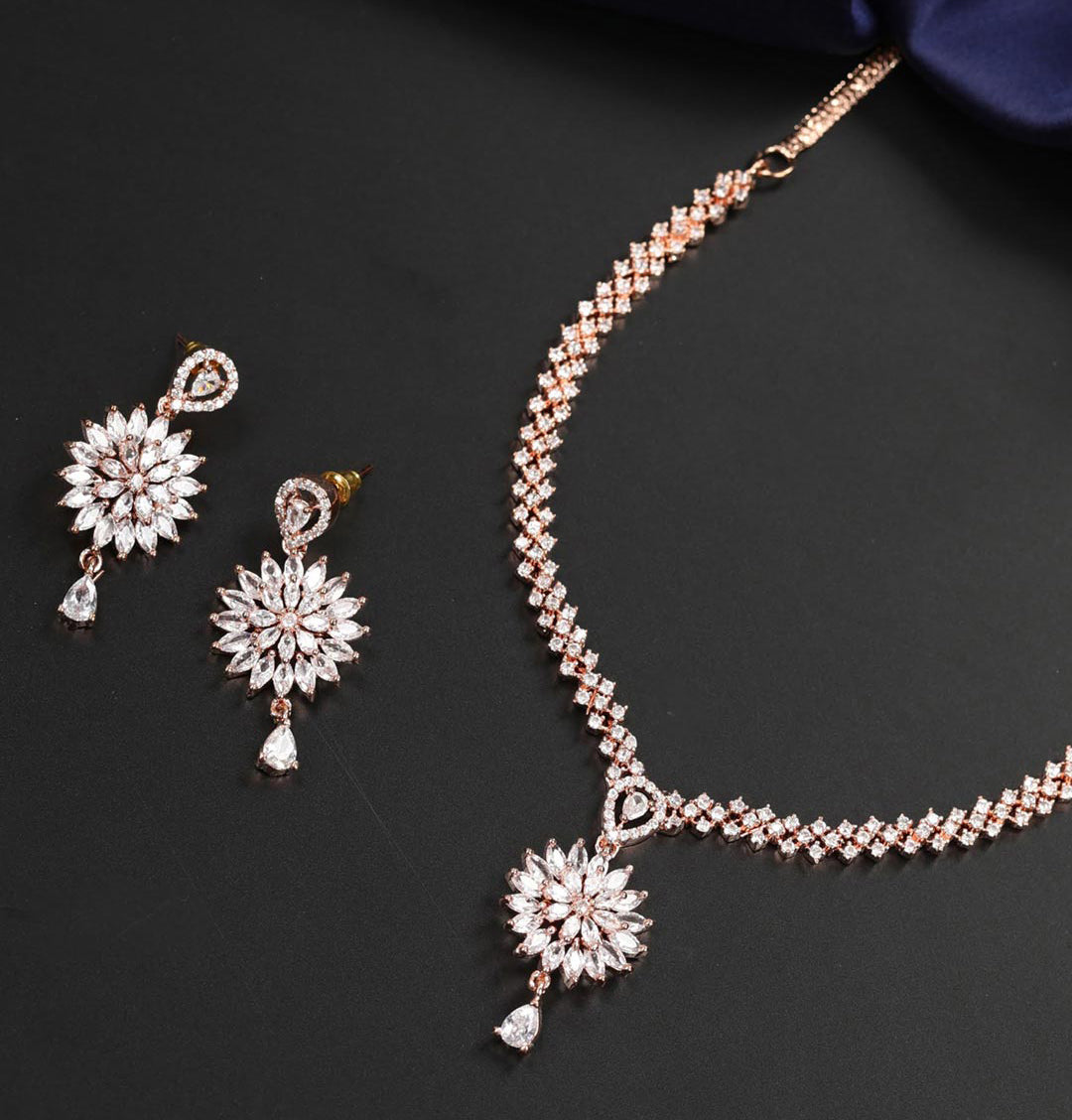 Royal F2 American Diamond Rose Gold Plated Jewellery Set – Jiwaki jewellery